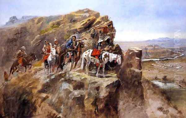 Indians on a Bluff Surveying General Miles' Troops Oil Painting by Charles Marion Russell