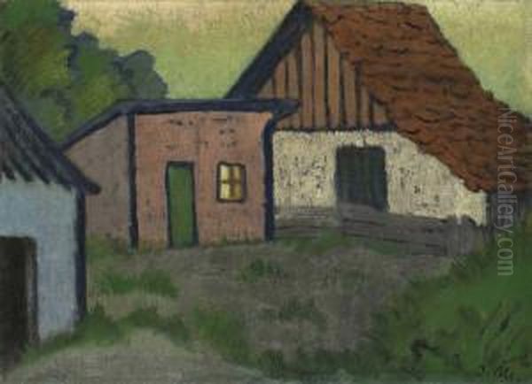 Drei Hutten, Eine Mit Rotem Dach Oil Painting by Otto Mueller