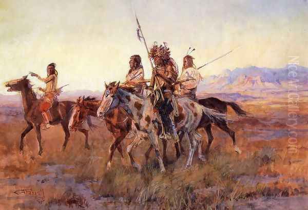 Four Mounted Indians Oil Painting by Charles Marion Russell