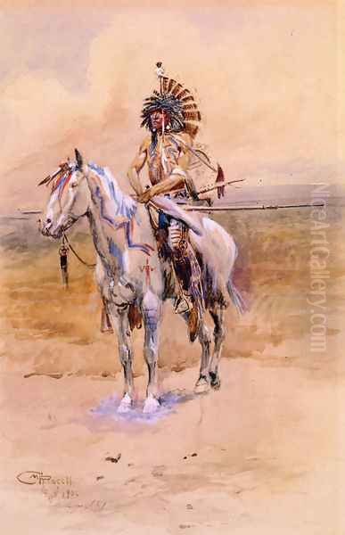 Mandan Warrior Oil Painting by Charles Marion Russell