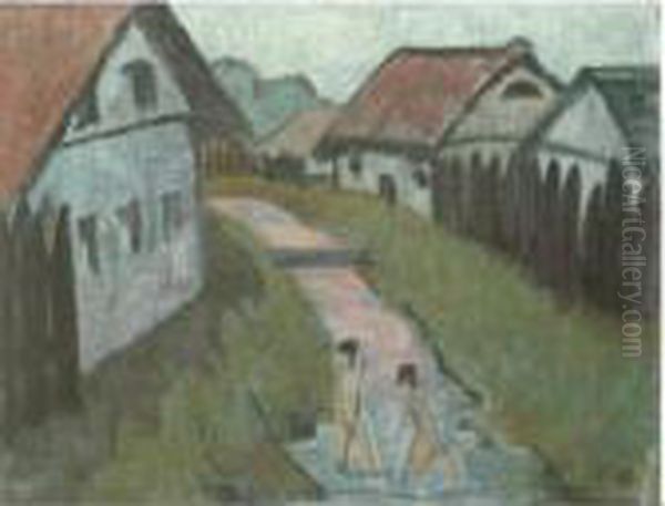 Dorfbach Mit Badenden (village Creek With Bathers) Oil Painting by Otto Mueller