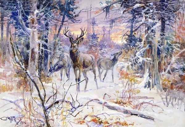 Deer in a Snowy Forest Oil Painting by Charles Marion Russell