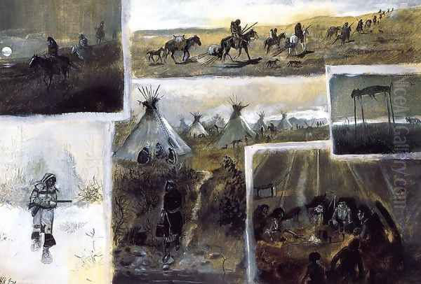 Western Montage Oil Painting by Charles Marion Russell