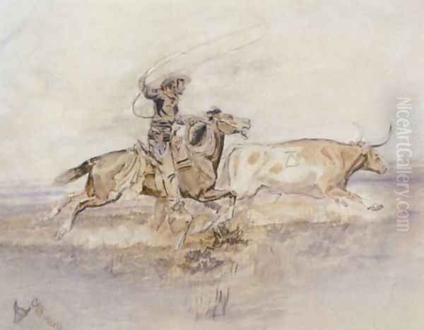 Cowboy Lassoing A Steer Oil Painting by Charles Marion Russell