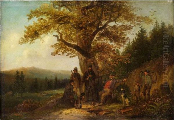 Jagdgesellschaft Bei Der Rast Untereinem Eichenbaum Oil Painting by Hugo Muhlig