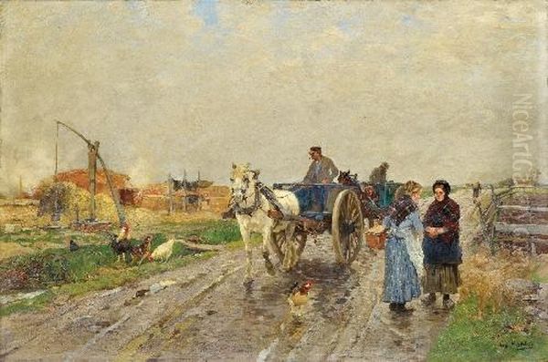 Landstrasse Mit Pferdewagen Oil Painting by Hugo Muhlig