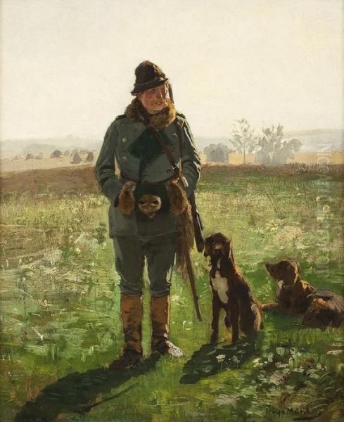 Jagersmann Mit Seinenbeiden Hunden Auf Freiem Feld Oil Painting by Hugo Muhlig