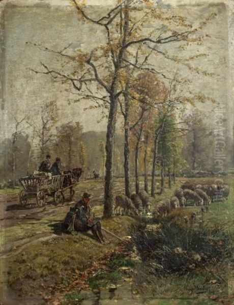 Grafenberger Allee Mit Schafherde Und Leiterwagen Oil Painting by Hugo Muhlig