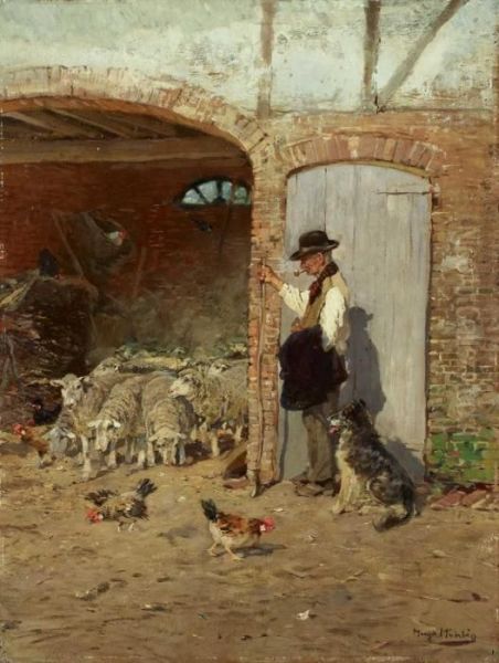 Shepherd With His Dog At The Barn Oil Painting by Hugo Muhlig