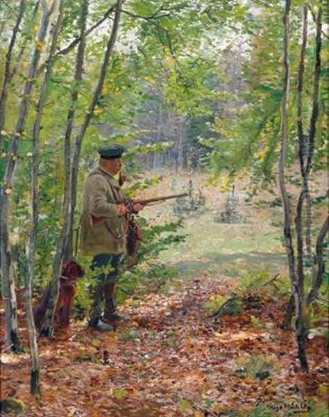 Cacciatore Con Il Suo Cane Nellaforesta Di Latifoglie Oil Painting by Hugo Muhlig