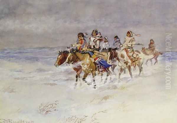 War Party In Winter Oil Painting by Charles Marion Russell