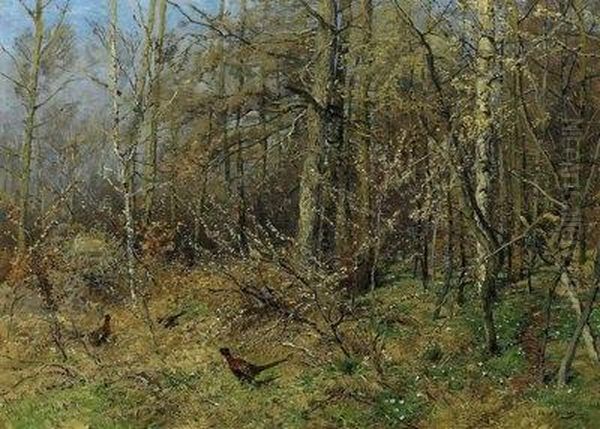 Pheasants In The Fall Forest. Signed Bottom Right: H. Muhlig Oil Painting by Hugo Muhlig