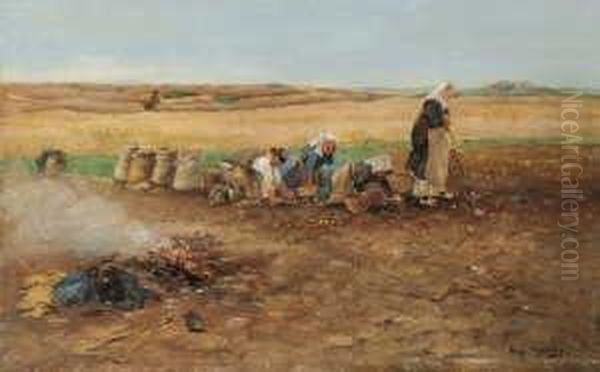 Bei Der Kartoffelernte. Oil Painting by Hugo Muhlig