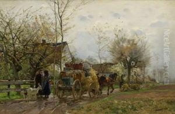 Begegnung Auf Der
 Dorfstrase. Oil Painting by Hugo Muhlig