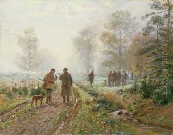 Am Morgen Vor Der Herbstlichen
 Treibjagd. Das Sammeln Der Jagdgesellschaft.

 Signiert Unten Oil Painting by Hugo Muhlig