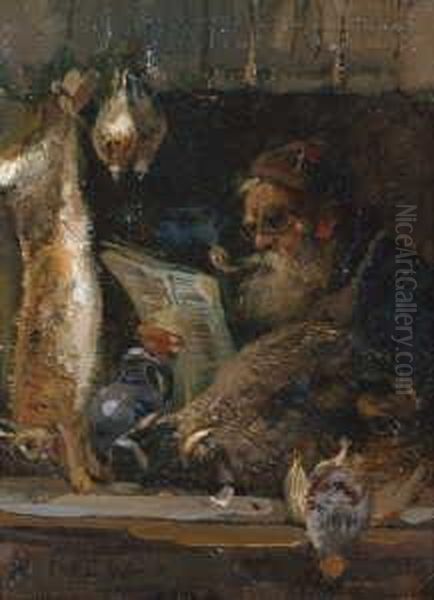 Der Wildprethandler. Signiert Unten Links: H. Muhlig. Ol Auf Karton. H 9,8; B 7,3 Cm. Oil Painting by Hugo Muhlig