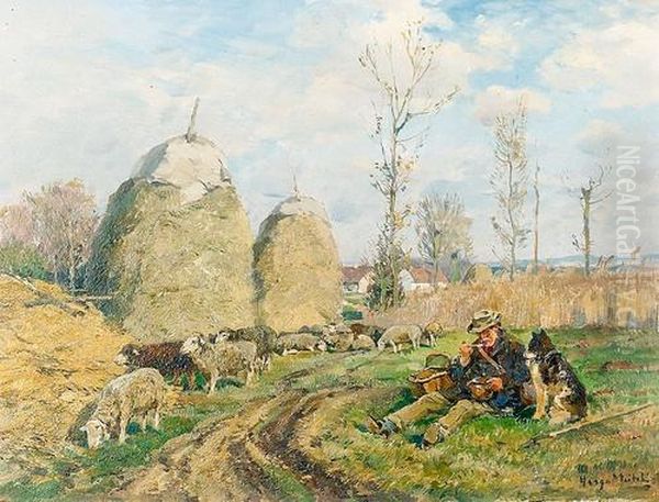 Rastender Hirte Auf Dem Feld. Oil Painting by Hugo Muhlig