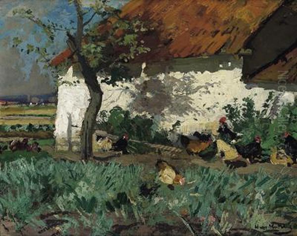 Chickens In A Farmers Garden Oil Painting by Hugo Muhlig