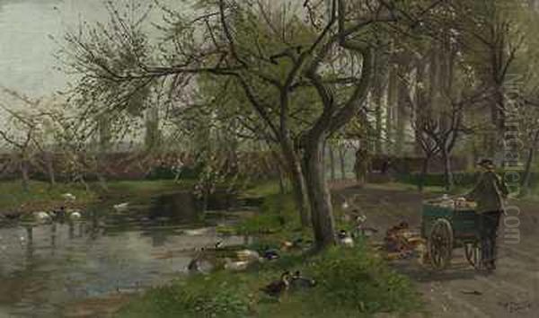 Milchmann Mit Hundegespann Am Schlossteich Mit Enten Oil Painting by Hugo Muhlig