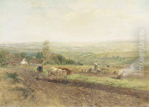 Working The Land: A Panoramic Landscape Oil Painting by Hugo Muhlig