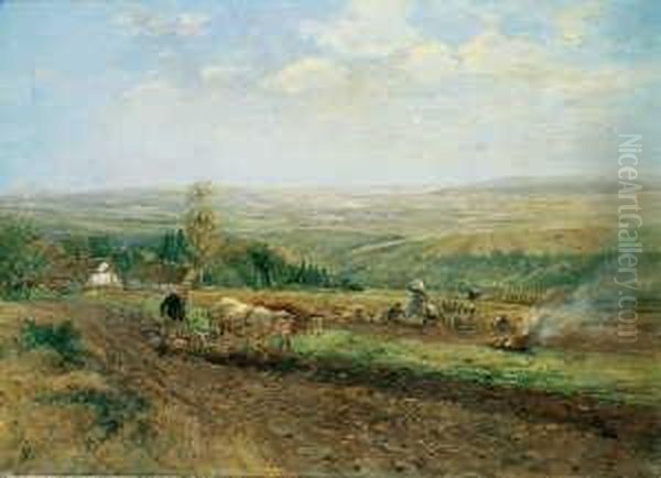 Oberhessische Landschaft Mit 
Bauern Bei Der Feldarbeit. Signiert Unten Rechts: Hugo Muhlig. Ol Auf 
Leinwand. H 68; B 96 Cm. Oil Painting by Hugo Muhlig