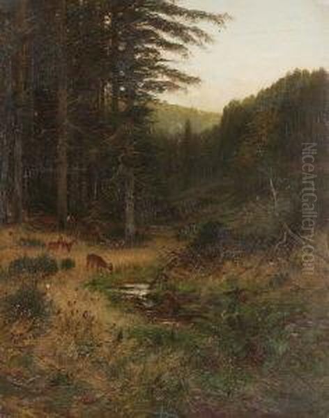 Rehe Am Waldbach. Oil Painting by Hugo Muhlig