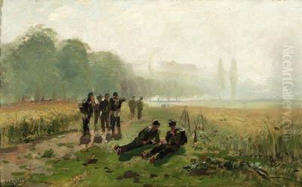 Soldiers Resting In The Fields Oil Painting by Hugo Muhlig