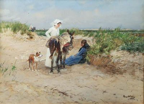 Midday Rest In The Dunes Of La Panne, Belgium Oil Painting by Hugo Muhlig