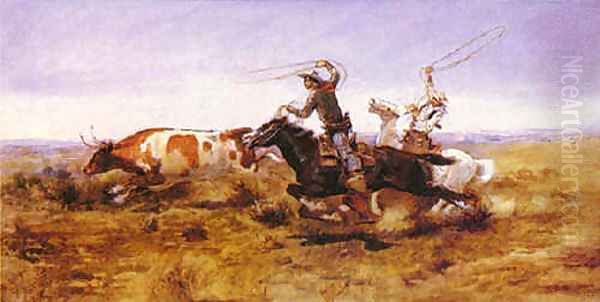 O.H.Cowboys Roping a Steer Oil Painting by Charles Marion Russell