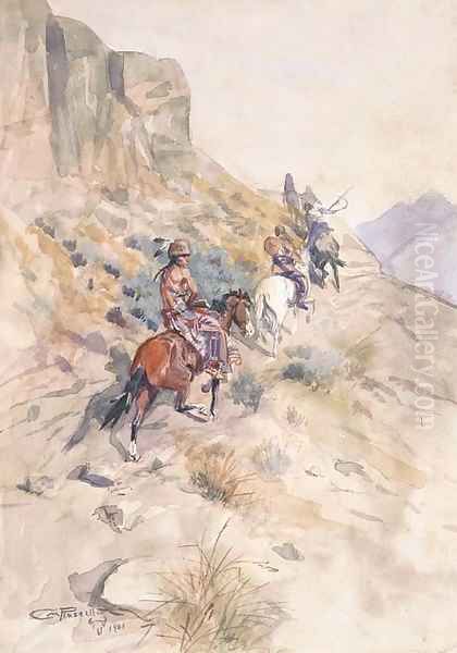 Indians on a Mountain Path Oil Painting by Charles Marion Russell