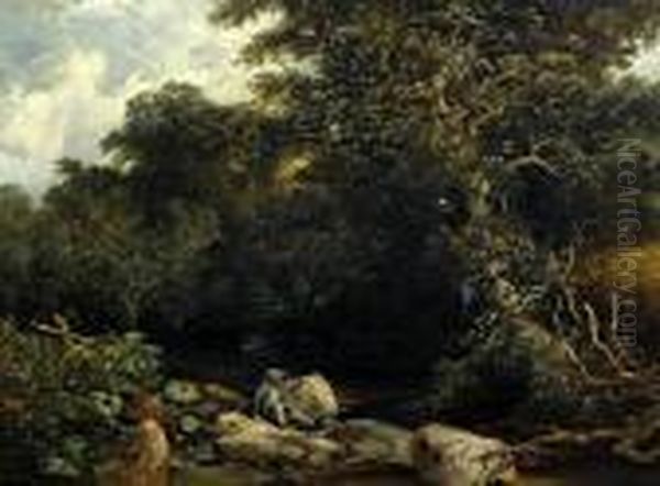 Boy Fishing In A Woodland Stream Oil Painting by William James Muller