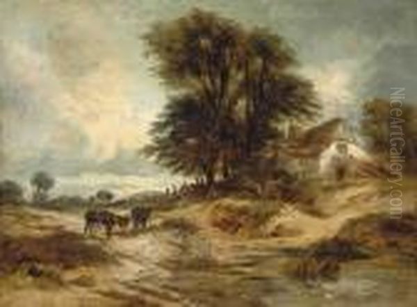 Two Donkeys Grazing Before A Thatched Cottage Oil Painting by William James Muller