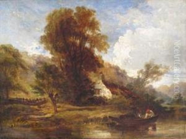 River Landscape With A Man In A Boat By A Cottage Oil Painting by William James Muller