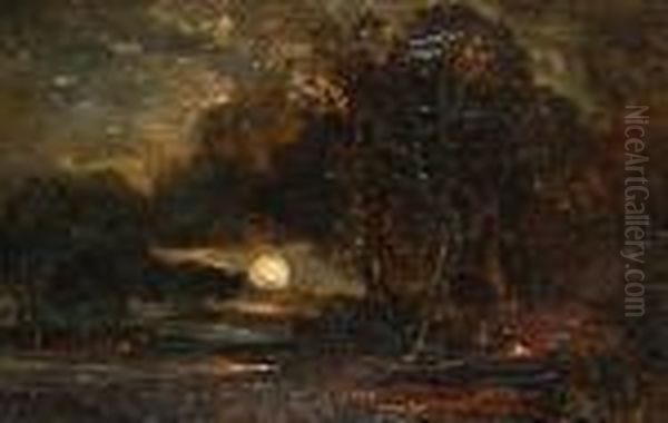 Figures By A Campfire In A Moonlit Wooded Landscape Oil Painting by William James Muller