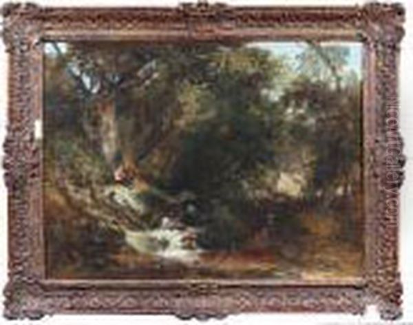 Figures Resting By A Tree In A Wooded Glade With Rushing Stream Oil Painting by William James Muller