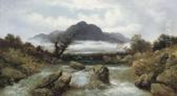 A Foaming Torrent, With Snowdon Beyond Oil Painting by William James Muller