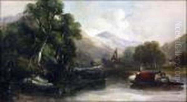 River Landscape With Boats Oil Painting by William James Muller