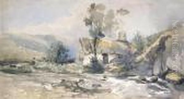 A Thatched Cottage By A River Before A Landscape Oil Painting by William James Muller