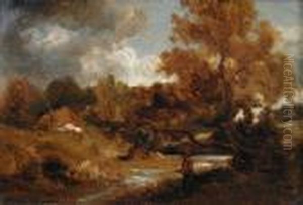 An Angler Fishing A River In An Autumn Landscape Oil Painting by William James Muller