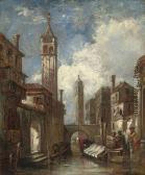 A Venetian Canal With Merchants Conversing By A Godola Oil Painting by William James Muller