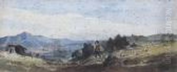 Shepherds And Flock In A Mountainlandscape Oil Painting by William James Muller