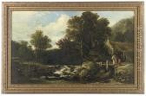 Figures In A River Landscape By A Watermill Oil Painting by William James Muller