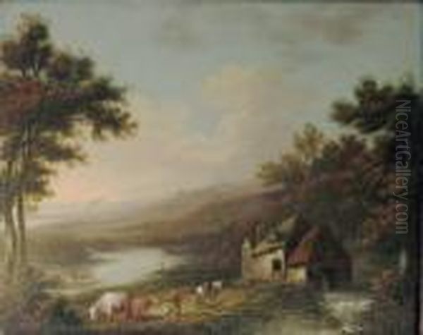 Landscape With Mill, Figures And Riverside Beyond Oil Painting by William James Muller