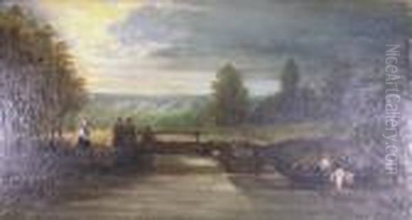 Figures On A Ferry In A Wooded River Landscape Oil Painting by William James Muller