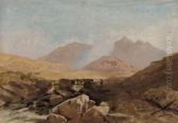 A Traveller Crossing A Bridge In A Welsh Landscape Oil Painting by William James Muller