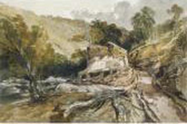 From The Collection Of The Late Michael Ingram
 

 
 
 

 
 Barn In A Wooded River Landscape; The Salmon Traps On The River Lledr, Wales Oil Painting by William James Muller