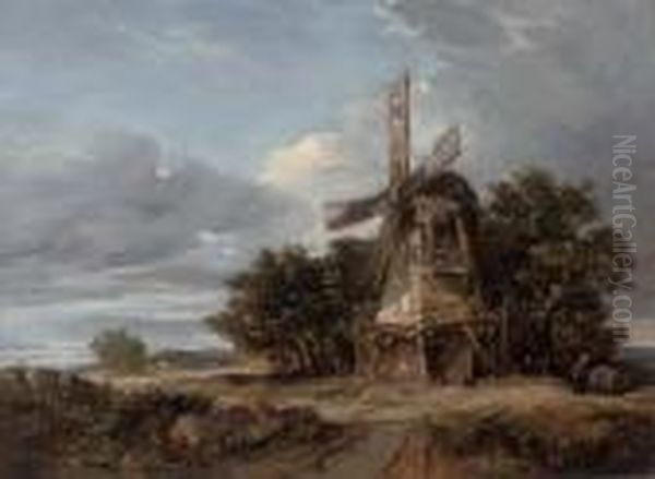 A Wooded Landscape With A Windmill And A Figure On A Track Oil Painting by William James Muller