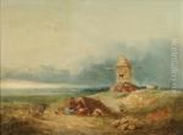 A Gypsyencampment By A Windmill On A Heath Oil Painting by William James Muller