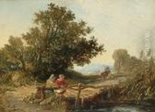 Children Fishing Beside A Wooden Bridge. Oil Painting by William James Muller