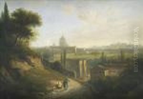 Aview Of Rome, Travellers On A Hillside Track Oil Painting by William James Muller